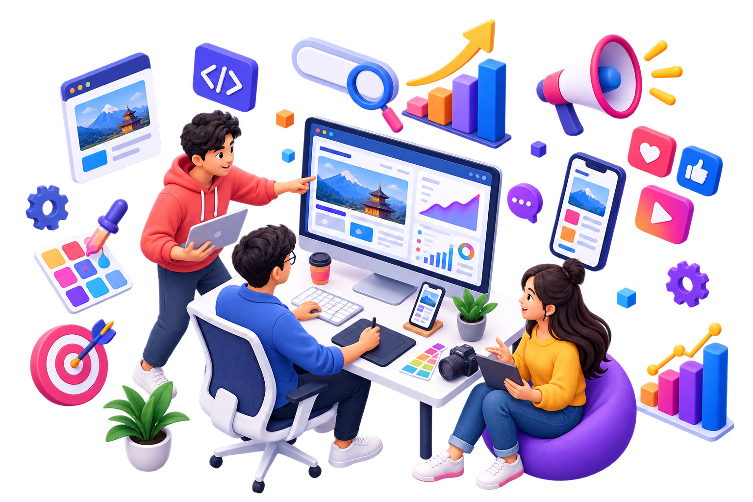 A creative digital agency team collaborating on website design and online marketing