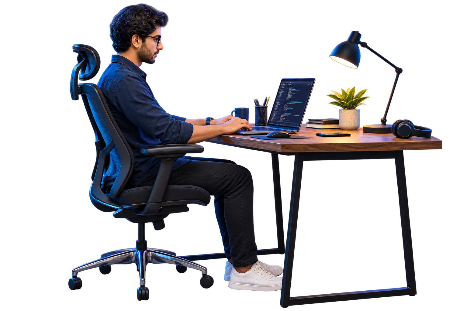 Developer seated at a modern desk coding on a laptop